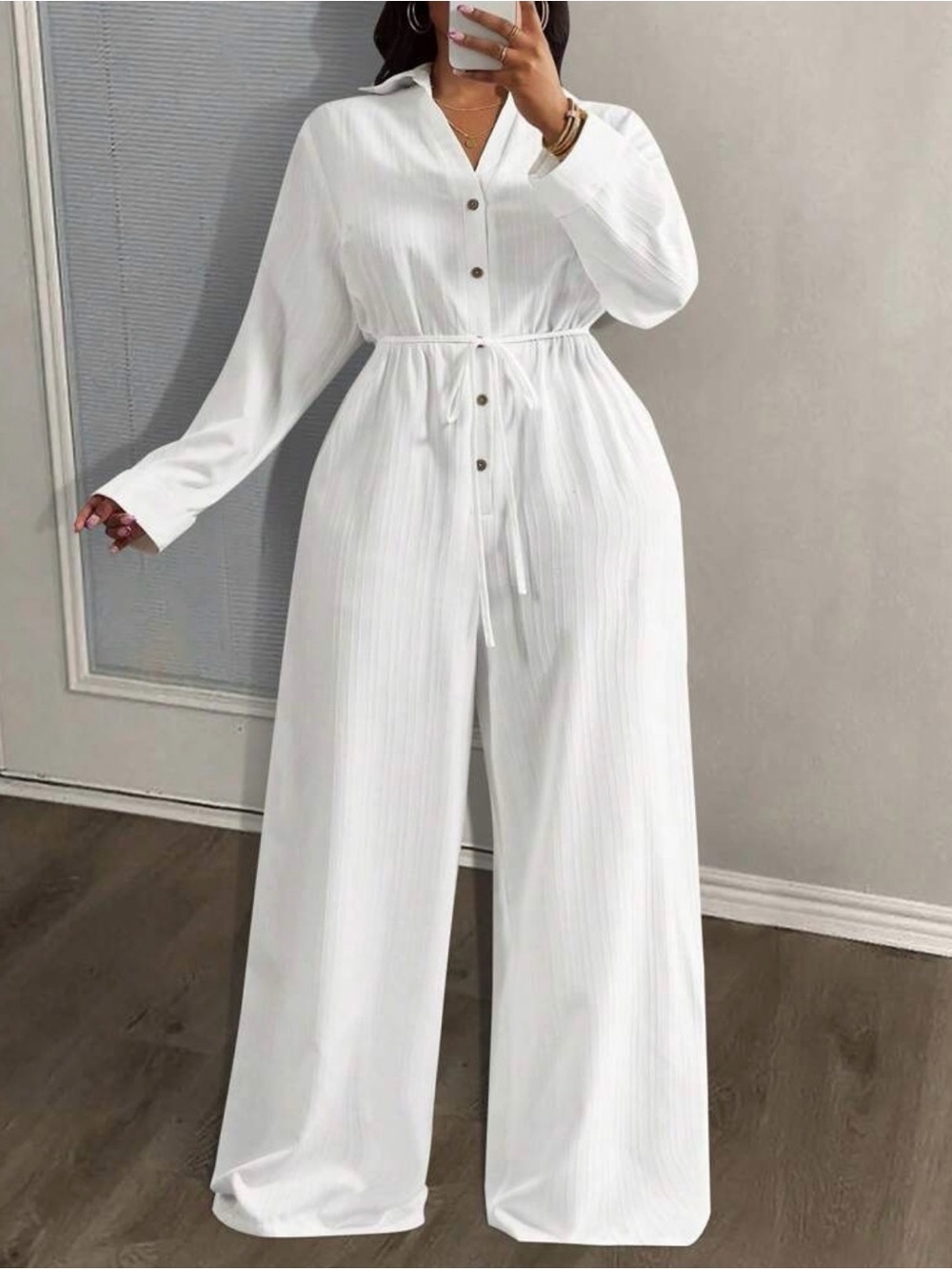 White Button-Front Wide Leg Jumpsuit